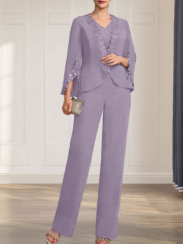 Separates Jumpsuit/Pantsuit V-Neck Floor-Length Chiffon Mother of the Bride Dress