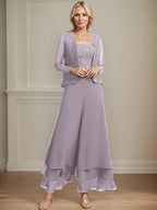 Conjunto de pantalón y chaqueta de dos piezas, corte cuadrado, largo hasta el tobillo, encaje, gasa, vestido de madre de la novia con lentejuelas 