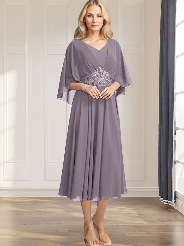 Vestido de corte A, escote en V, largo té, de gasa, para la madre de la novia, con apliques de lentejuelas plisadas, encaje y cuentas. 
