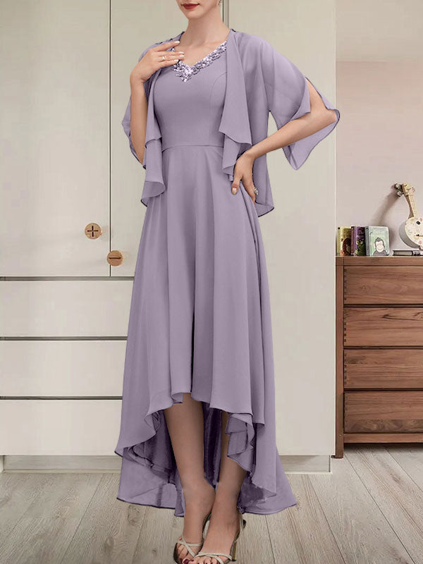 Vestido de corte A, escote en V, asimétrico, de gasa, para la madre de la novia, con lentejuelas y pedrería.