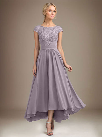 A-line Scoop Illusion Asymmetrical Lace Chiffon Mother of the Bride Dress With Pleated