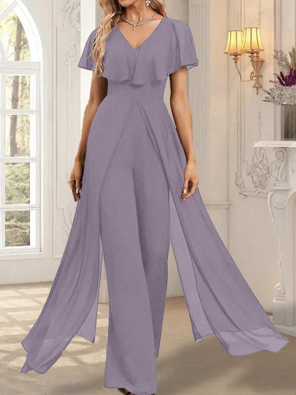 Combinaison-pantalon robe de soirée longue en mousseline à col en V