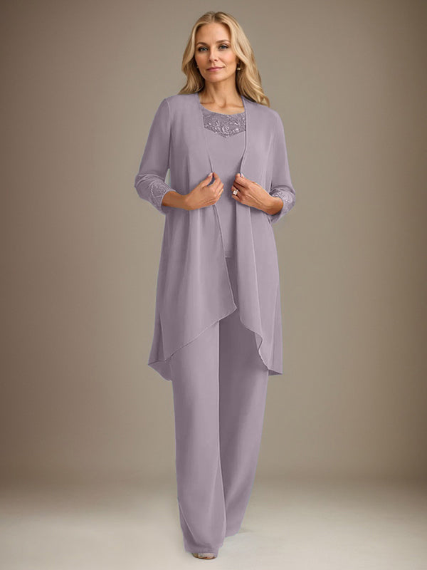 Traje pantalón de gasa con escote redondo y mangas largas para la madre de la novia, con chaqueta. 