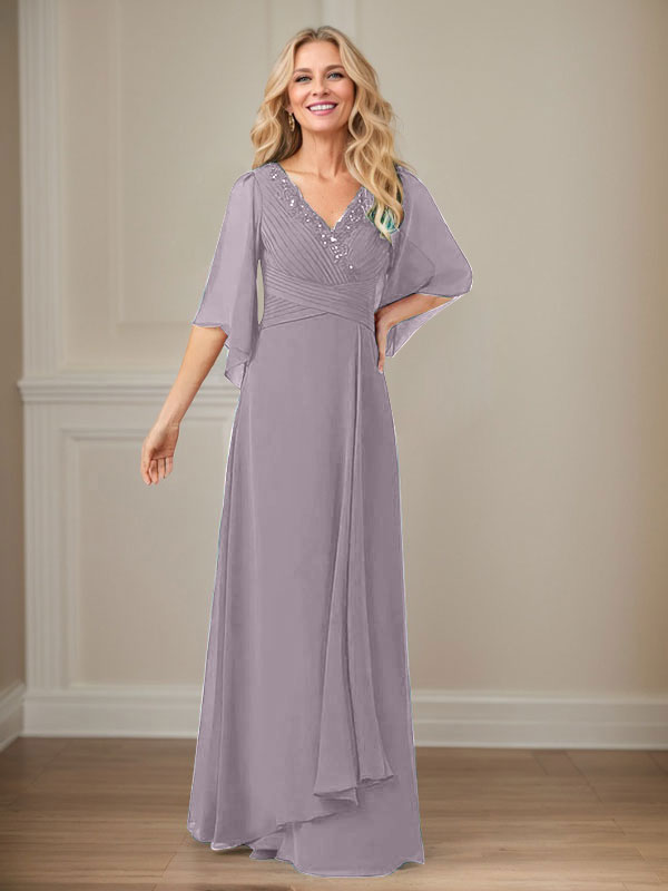 Vestido de mamá largo de gasa con lentejuelas, escote en V y corte en A
