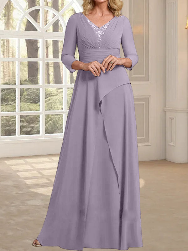 Vestido de gasa de corte A, escote en V, largo hasta el suelo, para la madre de la novia, con plisados ​​y cuentas.