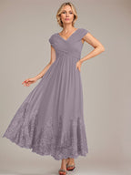 Vestido de gasa de corte evasé, escote en V, largo hasta el tobillo, para la madre de la novia, con apliques de lentejuelas. 