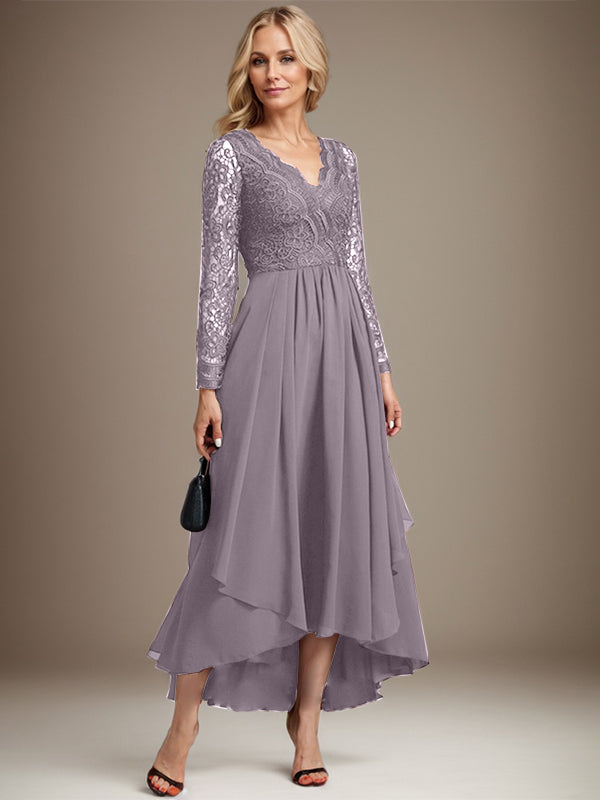 Vestido de novia de gasa con encaje asimétrico, escote en V y corte en A para la madre de la novia 