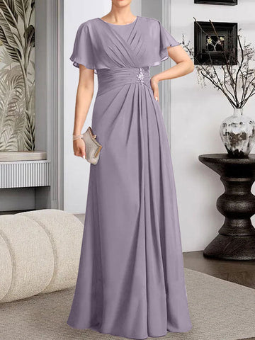 A-line Scoop Floor-Length Chiffon Mother of the Bride Dress With Pleated Beading