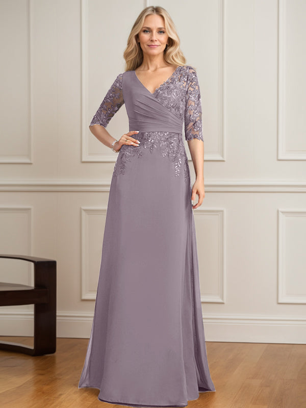 Robe de mère de la mariée en mousseline de dentelle, coupe trapèze, col en V, longueur au sol, ornée de sequins plissés 