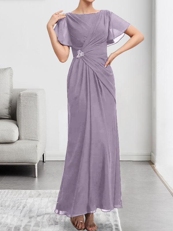 Vestido de gasa de corte A, escote redondo, largo hasta el tobillo, para la madre de la novia, con plisados ​​y cuentas.