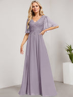 Vestido de novia de corte A, escote en V, largo hasta el suelo, de gasa de encaje con lentejuelas para la madre de la novia 