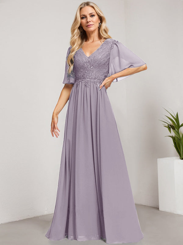 Vestido de novia de corte A, escote en V, largo hasta el suelo, de gasa de encaje con lentejuelas para la madre de la novia 