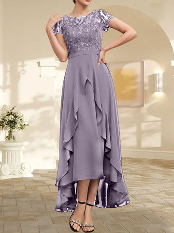 A-line Scoop Illusion Asymmetrical Chiffon Lace Mother of the Bride Dress With Bow Ruffle Sequins