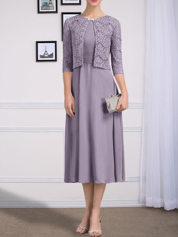 Vestido de chifón de corte línea A, largo té, para la madre de la novia, con escote redondo y pliegues.