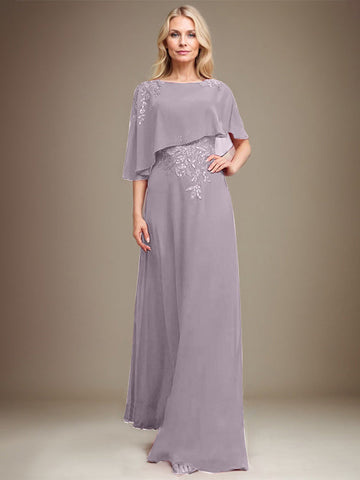A-line Scoop Floor-Length Chiffon Lace Mother of the Bride Dress With Sequins Beading
