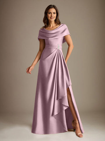 A-Line Scoop Floor-Length Stretch Satin Mother of the Bride Dress With Cascading Ruffles