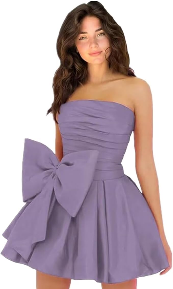 Robes de soirée courtes et chics pour le bal de promo, coupe trapèze, sans manches, bustier, froncées, lacées et ornées d'un nœud.