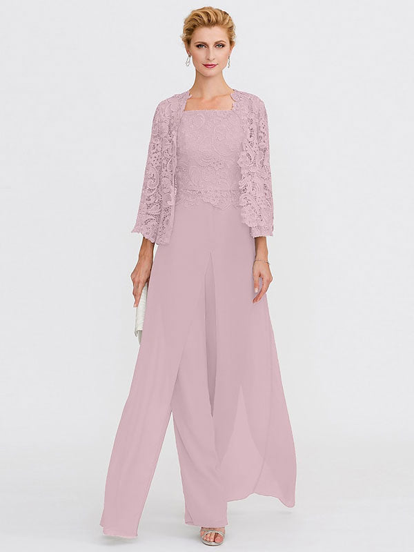 Traje pantalón de chifón de tres piezas con escote cuadrado y chaqueta para la madre de la novia 