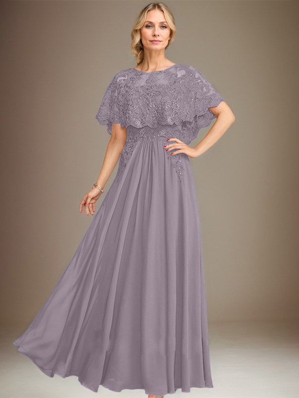 Robe de mère de la mariée en mousseline de soie dentelle, coupe trapèze, col bateau, longueur au sol, ornée d'appliqués de sequins 
