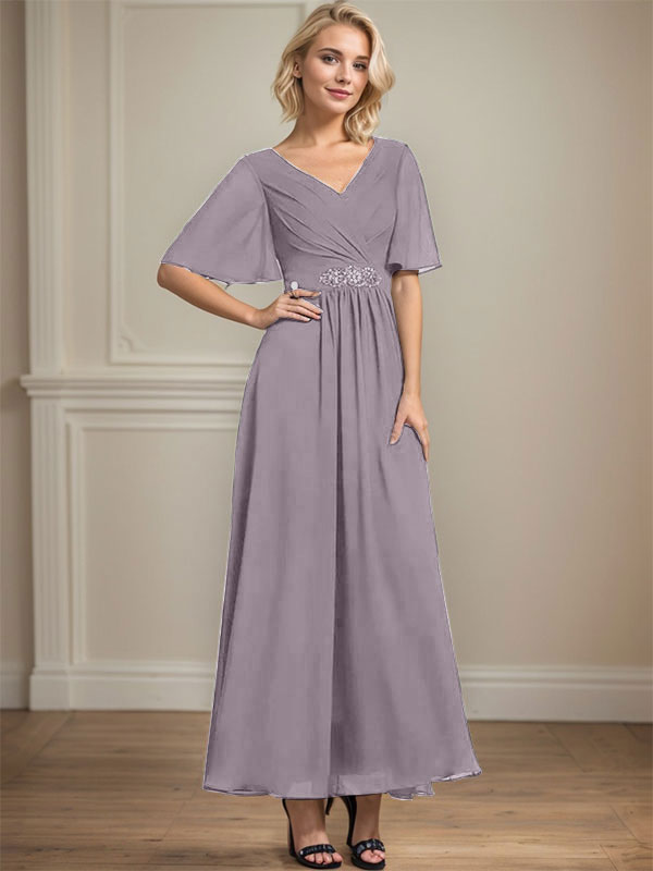Vestido de gasa de corte A, escote en V, largo hasta el tobillo, para la madre de la novia, con lentejuelas y cuentas plisadas.