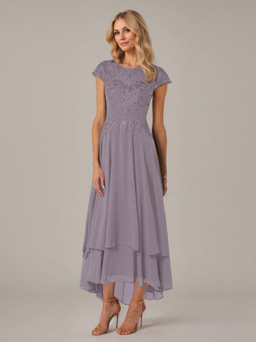 A-line Boat Neck Illusion Asymmetrical Chiffon Lace Mother of the Bride Dress With Applique Pleats