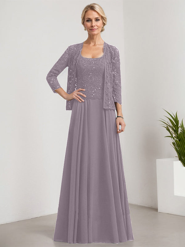 Vestido de corte A, cuadrado, largo hasta el suelo, de encaje y gasa con lentejuelas para la madre de la novia 