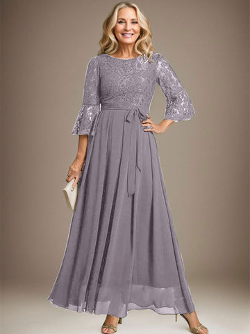 A-line Scoop Ankle-Length Lace Chiffon Mother of the Bride Dress With Bow