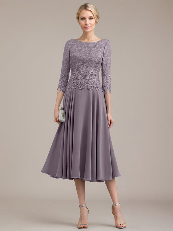 Vestido de corte A con escote redondo y largo hasta la rodilla en gasa de encaje para la madre de la novia 