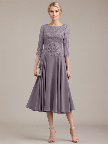 A-line Scoop Tea-Length Lace Chiffon Mother of the Bride Dress