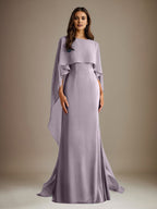 Vestido de gasa de corte recto/columna, escote barco y largo hasta el suelo, para la madre de la novia, con volantes en cascada. 