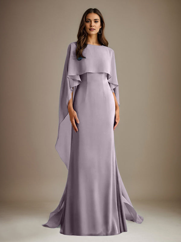Vestido de gasa de corte recto/columna, escote barco y largo hasta el suelo, para la madre de la novia, con volantes en cascada. 