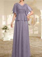 Vestido de gasa de corte A, escote en V, largo hasta el suelo, para la madre de la novia, con plisados ​​y cuentas.