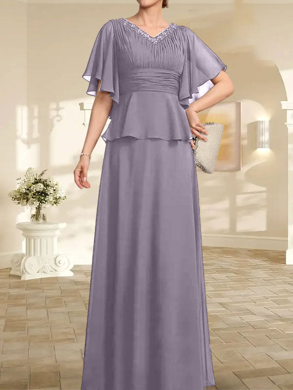 Vestido de gasa de corte A, escote en V, largo hasta el suelo, para la madre de la novia, con plisados ​​y cuentas.