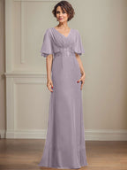 Vestido de corte A, escote en V, largo hasta el suelo, de gasa, para la madre de la novia, con apliques de lentejuelas plisadas y encaje.