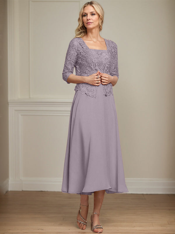 Vestido de corte A, largo midi, de gasa, encaje y lentejuelas para la madre de la novia. 