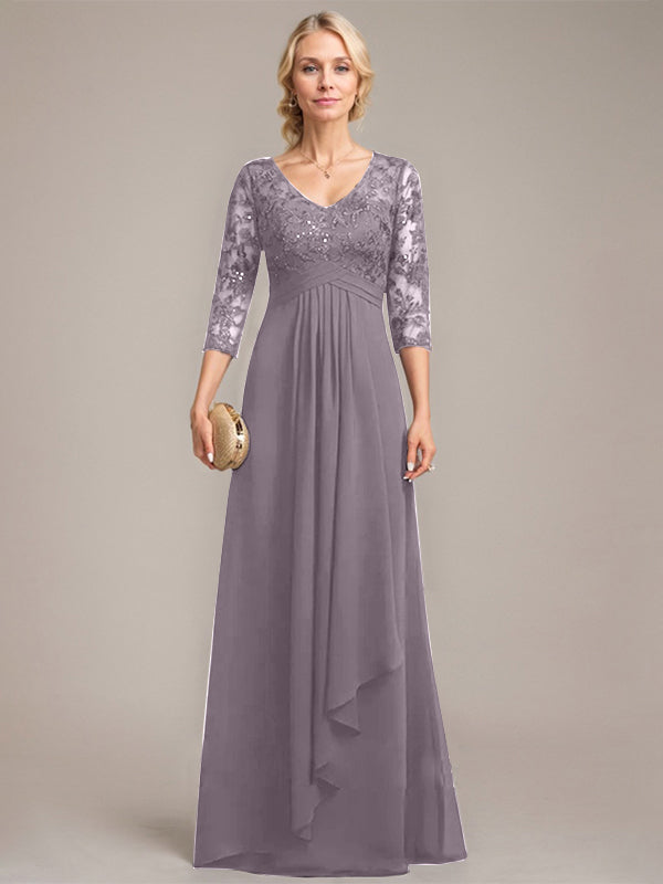 Vestido de novia de corte línea A, escote en V, largo hasta el suelo, de gasa de encaje con volantes en cascada y lentejuelas. 