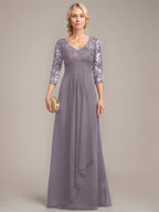 Vestido de novia de corte línea A, escote en V, largo hasta el suelo, de gasa de encaje con volantes en cascada y lentejuelas. 