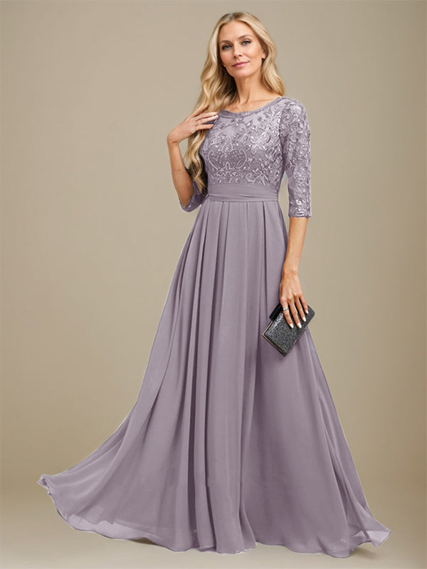 Vestido de corte A, escote redondo, largo hasta el suelo, de gasa de encaje con apliques de lentejuelas para la madre de la novia. 