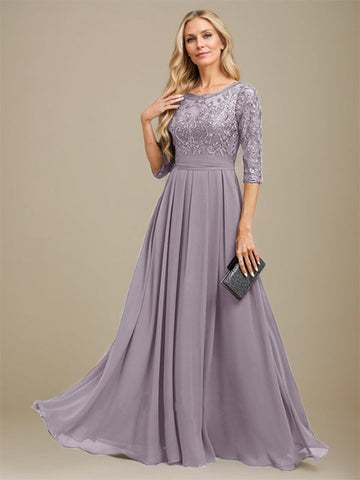 A-Line Scoop Floor-Length Lace Chiffon Mother Of the Bride Dress With Sequins Applique