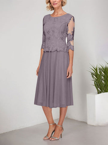 A-line Scoop Tea-Length Lace Chiffon Mother of the Bride Dress With Embroidery