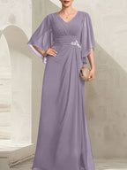 Vestido de corte recto/columna, escote en V, largo hasta el suelo, de gasa, para la madre de la novia, con lentejuelas plisadas y pedrería.