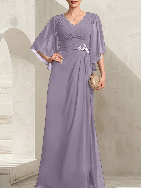 Vestido de corte recto/columna, escote en V, largo hasta el suelo, de gasa, para la madre de la novia, con lentejuelas plisadas y pedrería.