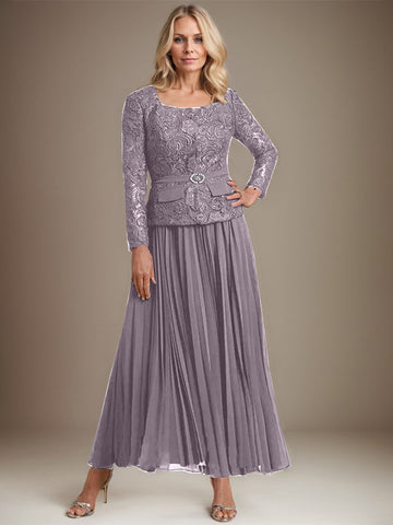 Vestido de gasa corte A, largo hasta el tobillo, para la madre de la novia, con pliegues. 