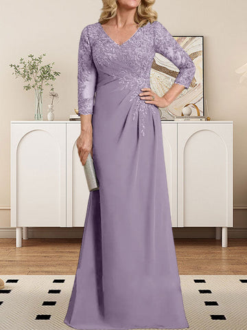 Sheath/Column V-Neck Illusion Floor-Length Lace Chiffon Mother of the Bride Dress With Pleated Sequins