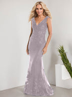 Vestido de sirena para la madre de la novia, corte sirena, escote en V, largo hasta el suelo, de gasa de encaje con apliques de lentejuelas. 