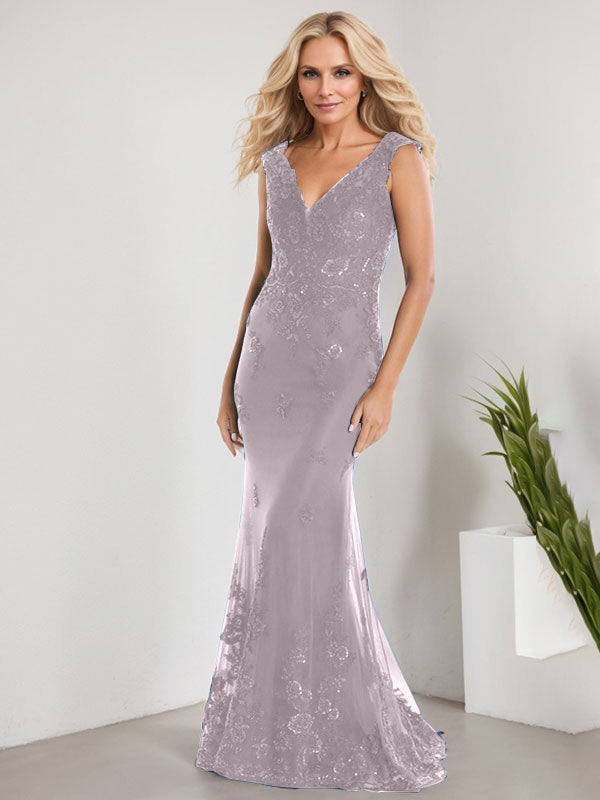 Vestido de sirena para la madre de la novia, corte sirena, escote en V, largo hasta el suelo, de gasa de encaje con apliques de lentejuelas. 