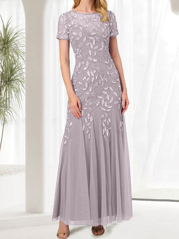 Blue Mermaid Round Neck Long Mother of the Bride Dress With Beadings