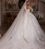 Women's Luxury Lace Wedding Dresses Dubai Long Sleeves Sequins Beads Sheer Neck Appliques Glitter Tulle Bride Gowns Vestido Noiv
