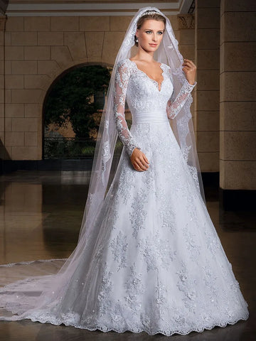 Women's Wedding dress long sleeve Lace beading princess Wedding Dress plus size bride dress robe de mariee