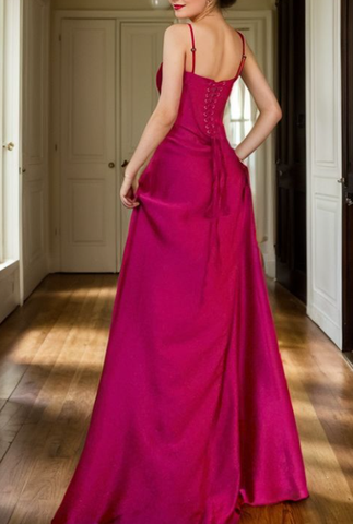 Vestido de noche de corte A, estilo chic, satén rosa intenso, para baile de graduación Y7717